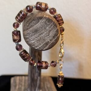 Murano Gold Foil Purple Glass Artisan Beaded Bracelet W/ Bead Dangle